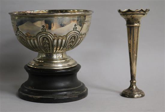 An Edwardian silver presentation bowl, on plinth, and a silver specimen vase.